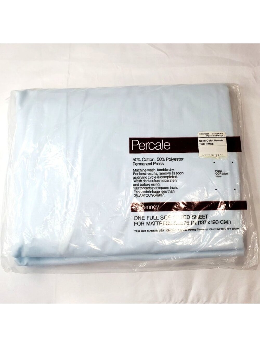 VTG JC Penney Percale Full Size Fitted Sheet Pale Blue 180 Thread Count USA